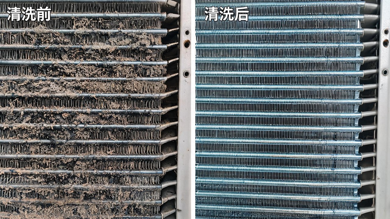 风冷冷凝器翅片脏堵与清洗对比