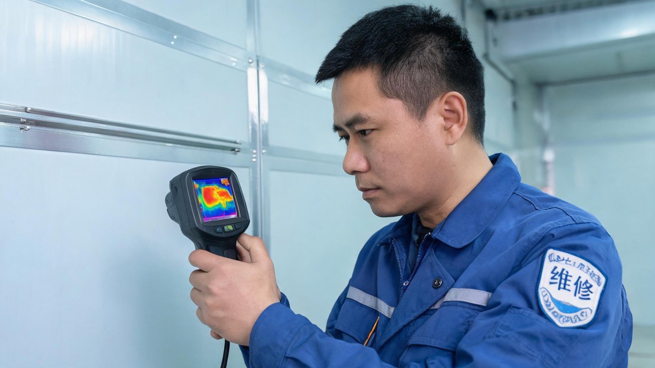 师傅用红外热像仪检查库板冷桥