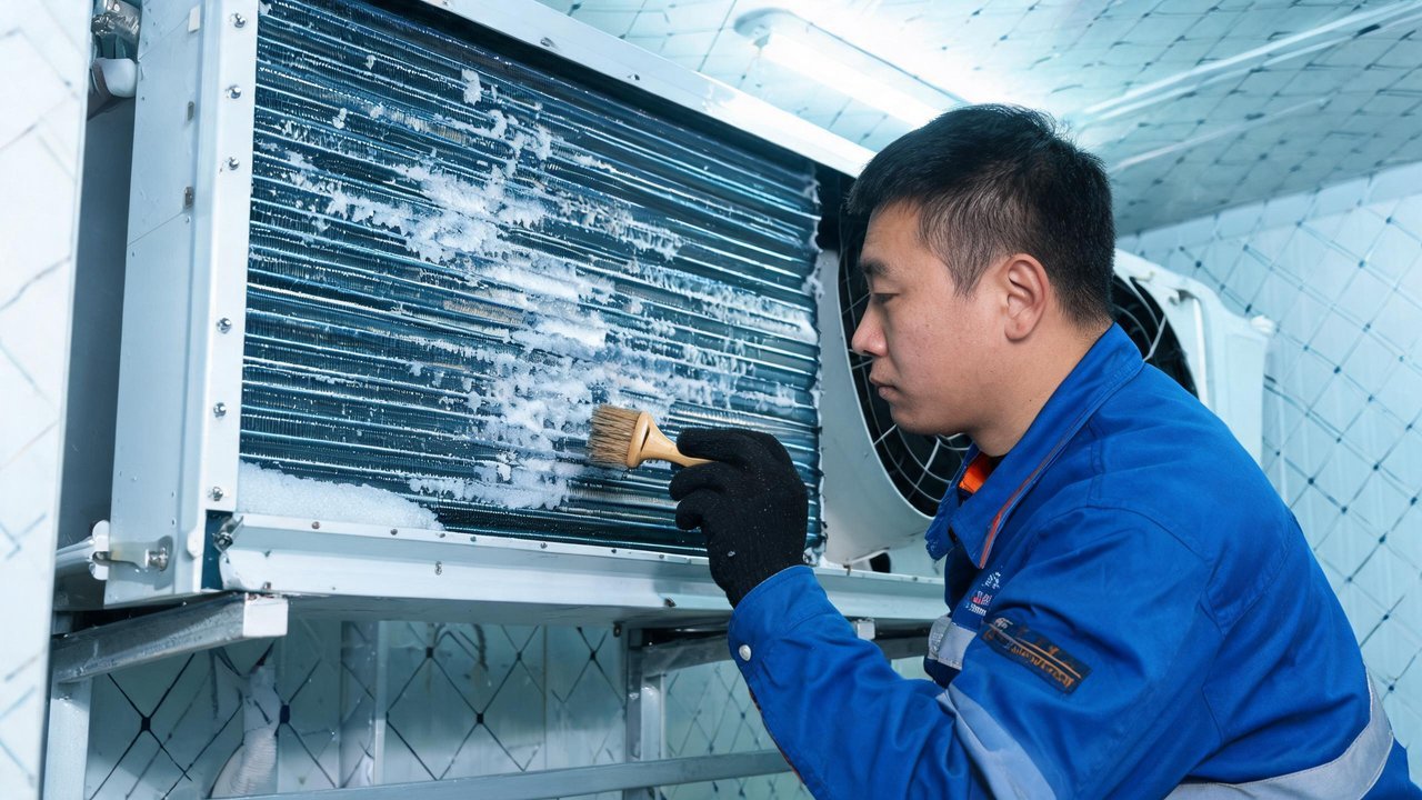 维修工人检查冷风机蒸发器化霜