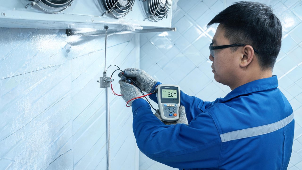 技术人员用仪器校准冷库温度探头