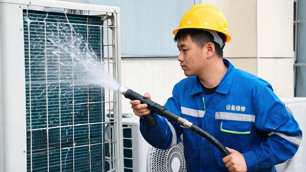 维修人员清洗冷凝器翅片