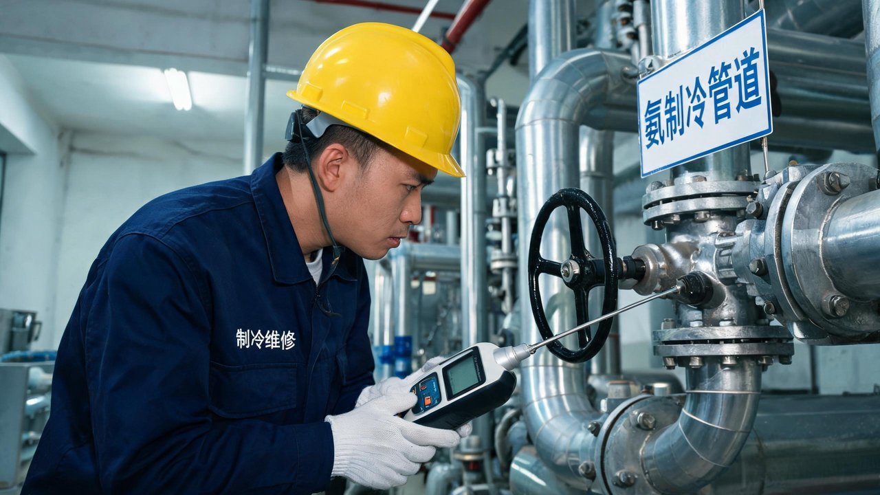 维修技师在氨制冷机房检漏