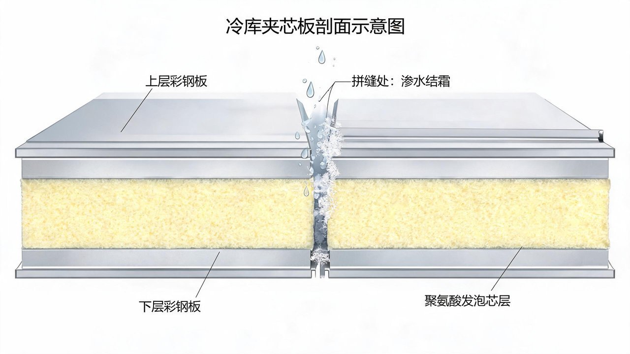 冷库夹芯板剖面与拼缝渗水结冰示意